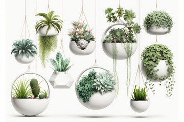 Collection of beautiful plants hanging in ceramic pots isolated on white