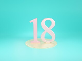Pink eighteen or 18 on blue background 3d rendering Illustration for business ideas