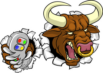 A bull or Minotaur monster longhorn cow angry mean video game gamer mascot cartoon character.