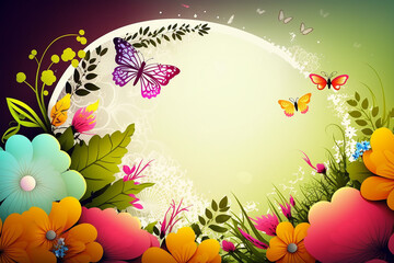 Obraz na płótnie Canvas Spring floral background with colorful butterflies and copy space, generative ai