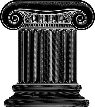A column or pillar from a Roman or Greek ionic temple in a retro vintage woodcut