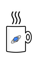 illustrazione con tazza di bevanda calda e simbolo pianeta su sfondo trasparente