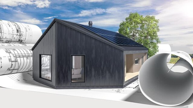 Bauplannung an einem energieeffizienten Einfamilienhaus in moderner Architektur - 3D Visualisierung mit Video-Hintergrund