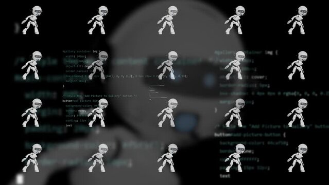 multiple chatbots a.i. animation with big one blurred and programming text binar code animated in black background with zoom