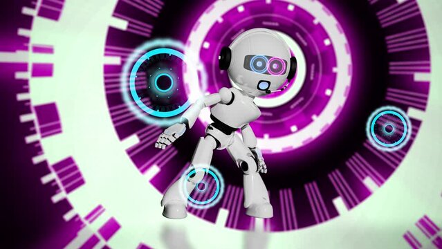 chatbot robot dancing on hud interface scifi futuristic hologram background. A.i. humanoid have a party becouse take humans job