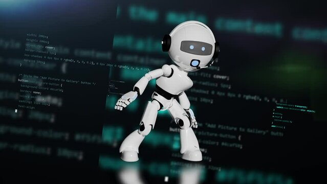 chatbot dancing animation. A.i. Robot in movement with programming code in background and camera shake