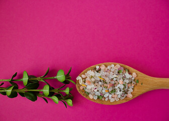 colourful mountain herb salt on a wooden spoon in front of  leave on a pink background, top view, copy space