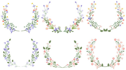 A collection of blooming wreaths in pastel colors. Spring - summer flowering. Bright wreaths are ideal for banners, posters, birthdays, weddings, etc. Vector graphics.