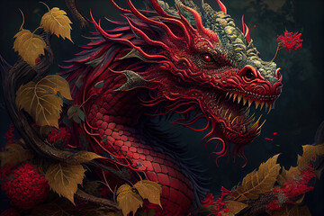 Fire red of full traditional chinese dragon. Chinese Lunar New Year. Happy chinese new year 2024. Years of the Dragon. Dark Background. Generative AI technology