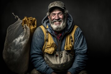 Obraz premium Artistic portrait of a humble smiling bearded fisherman from Iceland. Person created by AI generative.