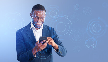 African businessman using smartphone, hologram with biometric sc