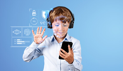 Child boy using smartphone, facial recognition hud hologram