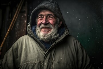 Obraz premium Artistic portrait of a humble smiling bearded fisherman from Iceland. Person created by AI generative.
