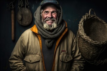 Obraz premium Artistic portrait of a humble smiling bearded fisherman from Iceland. Person created by AI generative.