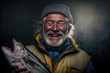 Artistic portrait of a humble smiling bearded fisherman from Iceland. Person created by AI generative.