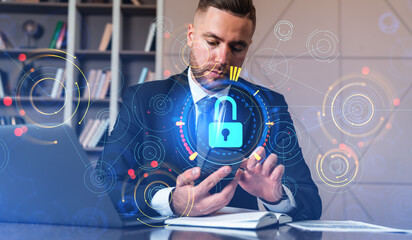 Businessman with smartphone, lock symbol and internet security