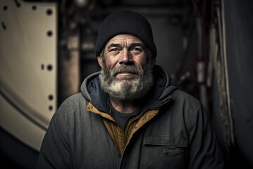 Fototapeta premium Artistic portrait of a humble smiling bearded fisherman from Iceland. Person created by AI generative.