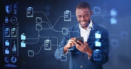 African businessman using phone, document management system holo