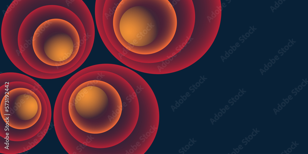 Poster lots of abstract red and brown 3d spiralling funnels, many concentric circles of various sizes patte