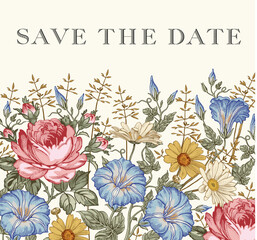 Save the date. Wedding invitation baroque Frame. Chamomile Roses Petunia isolated Beautiful blooming realistic flowers. Vintage greeting card Drawing engraving. Wallpaper Vector victorian Illustration