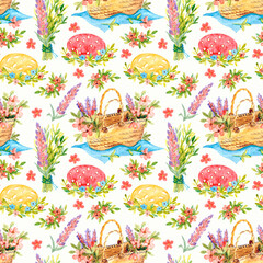 Seamless pattern. Basket with flowers surrounded by colorful eggs. Lovely flowers in the meadow. Watercolor, easter illustration.