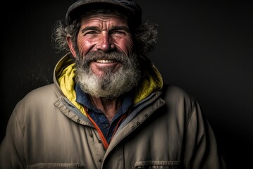 Obraz premium Artistic portrait of a humble smiling bearded fisherman from Iceland. Person created by AI generative.