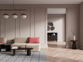 Front view on dark living room interior with couch, arch