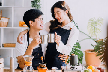 In Kitchen: Perfectly Happy Couple Preparing Healthy Food, Lots of Vegetables. Man Juggles with Fruits, Makes Her Girlfriend Laugh. Lovely People in Love Have Fun