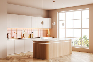 Corner view on bright kitchen room interior with panoramic window