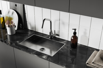 Obraz na płótnie Canvas Top view of kitchen interior with sink and kitchenware on deck