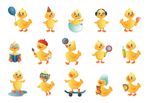 Cute duck chicks. Duckchicks activities. Student babies with books and magnifier. Teacher and yellow animals. Duckling poses or actions. Funny characters. Vector tidy illustration set
