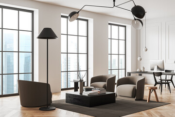 Corner view on bright office room interior with desktop