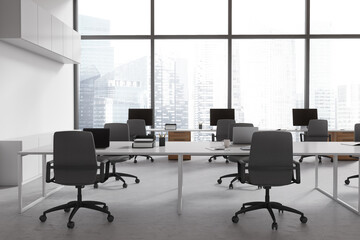 Light office room interior with meeting and coworking area, panoramic window