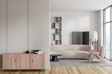 Light relaxing interior with drawer and lounge zone with window, empty wall