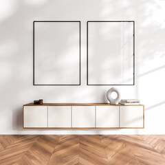 Light living room interior with sideboard and decoration, mockup frames