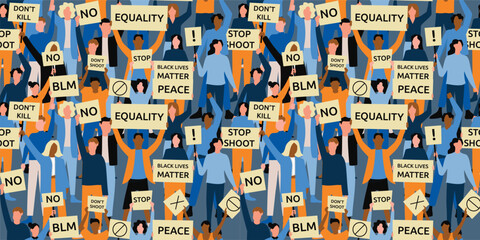 American black lives matter demonstration poster. Community for equal or justice, civil social protest. Protester cartoon people holding placard, protest vector seamless garish pattern