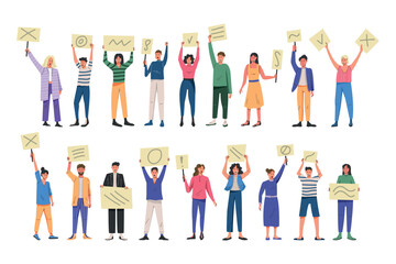 Fototapeta na wymiar Protester people, crowd with banners. Male and female persons holding blank placard posters, protest groups, modern political characters. Vector garish cartoon flat isolated illustration set