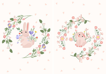 Bright compositions with a cute rabbit, a wreath of flowers, leaves, hearts. Spring-summer flowering. Flowers of chamomile, lavender, crocuses, tulips. Vector graphics.