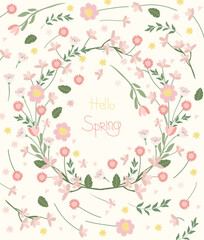 Bright card Hello Spring with blooming flowers, daisies, tulips, green leaves, hearts in a circle. Spring-summer flowering. Bright compositions are ideal for banners, posters, birthdays, weddings, etc