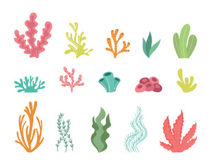 Seaweed set, simple coral reef colorful isolated elements. Underwater doodle flora and fauna, floral ocean summer, tropical plants, algae or kelp. Vector illustration tidy silhouettes