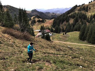 Bergwanderer (weiblich) oberhalb der Priener Hütte beim Aufstieg auf den Geigelstein, Alpen,...