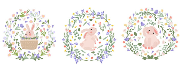 Bright compositions with a cute rabbit, a wreath of flowers, leaves, hearts. Spring-summer flowering. Flowers of chamomile, lavender, crocuses, tulips. Vector graphics.