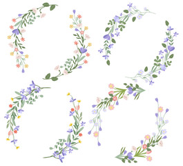 A collection of blooming wreaths in pastel colors. Spring - summer flowering. Bright wreaths are ideal for banners, posters, birthdays, weddings, etc. Vector graphics.