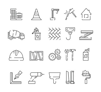Build safety. Home repair line icons. Under crane road work. Dig industry. Shovel in cement. Helmet and building reconstruct tools. Parquet and brickwork. Vector pictograms garish set