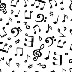 Music doodle pattern, song notes black silhouette isolated on white background. Hand drawn line sketch, childish sound icon, wrapping paper. Decor textile vector seamless current texture