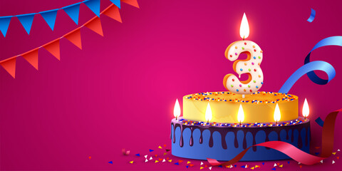 3 year anniversary. Cake with burning candles and confetti. Birthday banner.