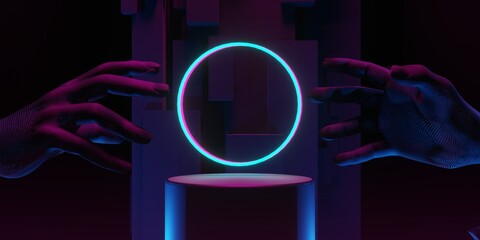 3d illustration rendering of futuristic cyberpunk city, gaming wallpaper scifi background, a esports gamer vs banner sign of neon glow, versus player challenge © issaronow