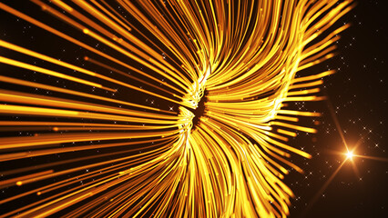 Abstract Science 3D Perspective View Golden Shine Wavy Dotted Lines Particles Hole Explosion On Space Stars With Light Flare