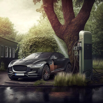 dark electric car charging next to tree and house, Generative Ai