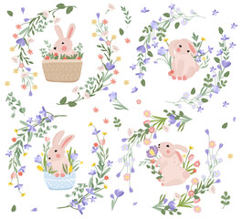 Bright compositions with a cute rabbit, a wreath of flowers, leaves, hearts. Spring-summer flowering. Flowers of chamomile, lavender, crocuses, tulips. Vector graphics.